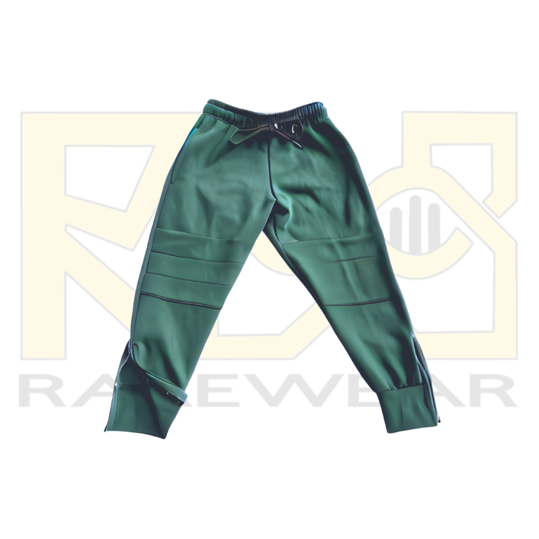 A pair of green OrthoEase Adaptive TrackPants for kids, featuring an elastic waistband with drawstring, double knee design, and ankle zips.