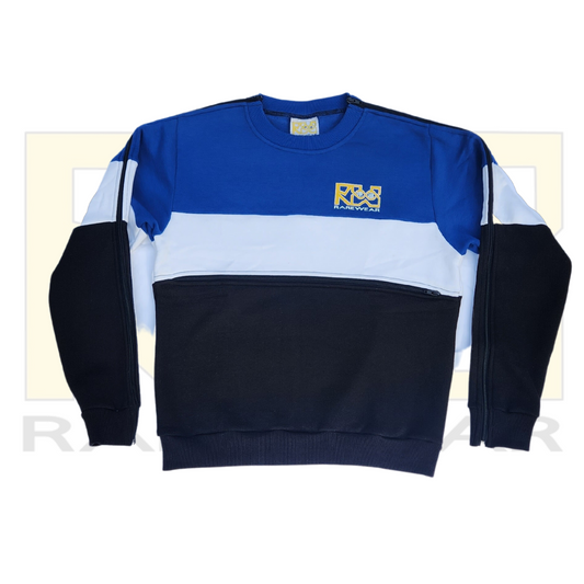 Blue white and black adaptive jumper with zips from neck to wrist and zip at stomach for feeding tube access