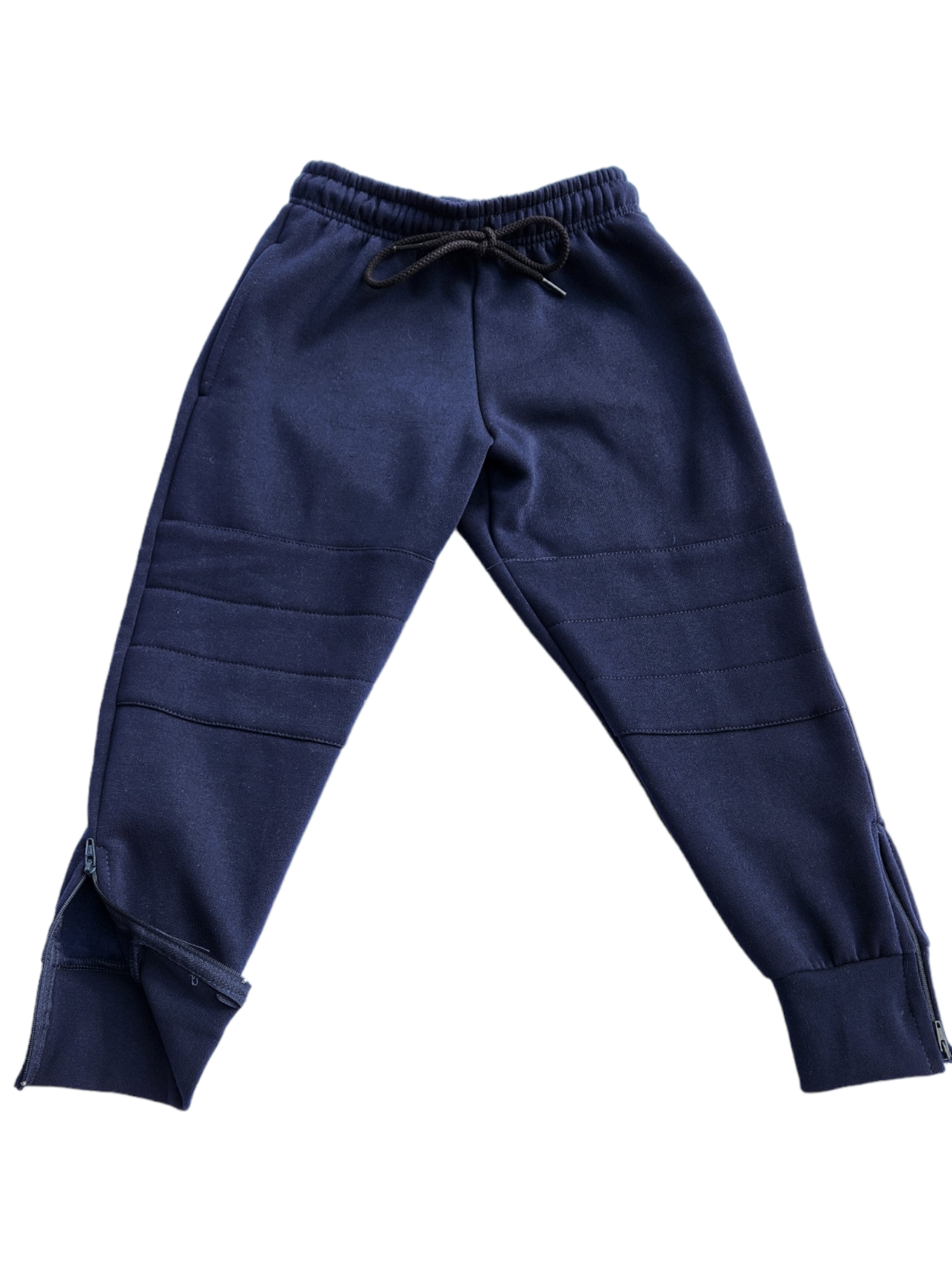 Navy blue cotton fleece track pants with drawstring adjustable waist, knee padding and zips at ankles
