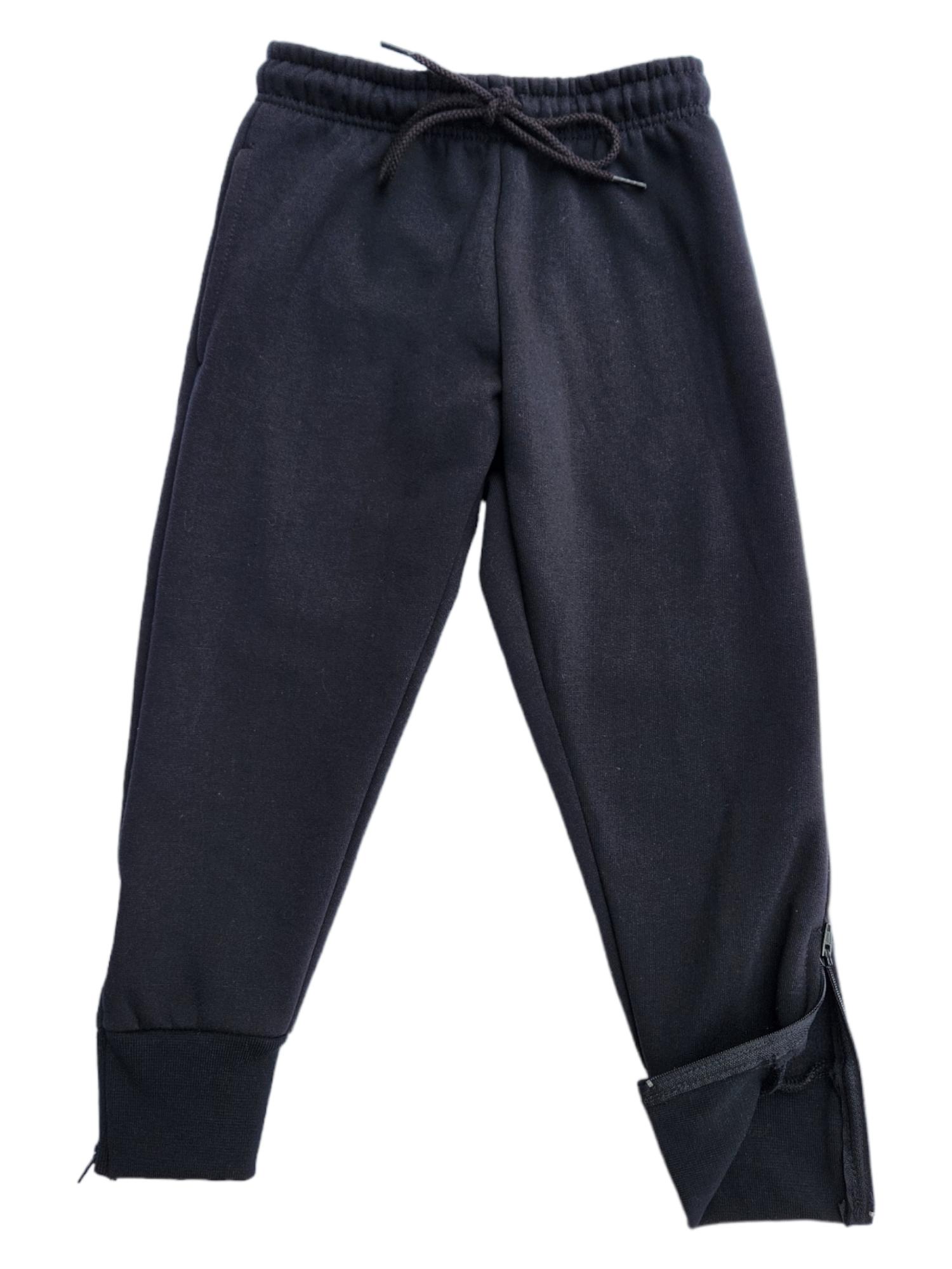 Adaptive black track pants adjustable drawstring waist and zip at ankle